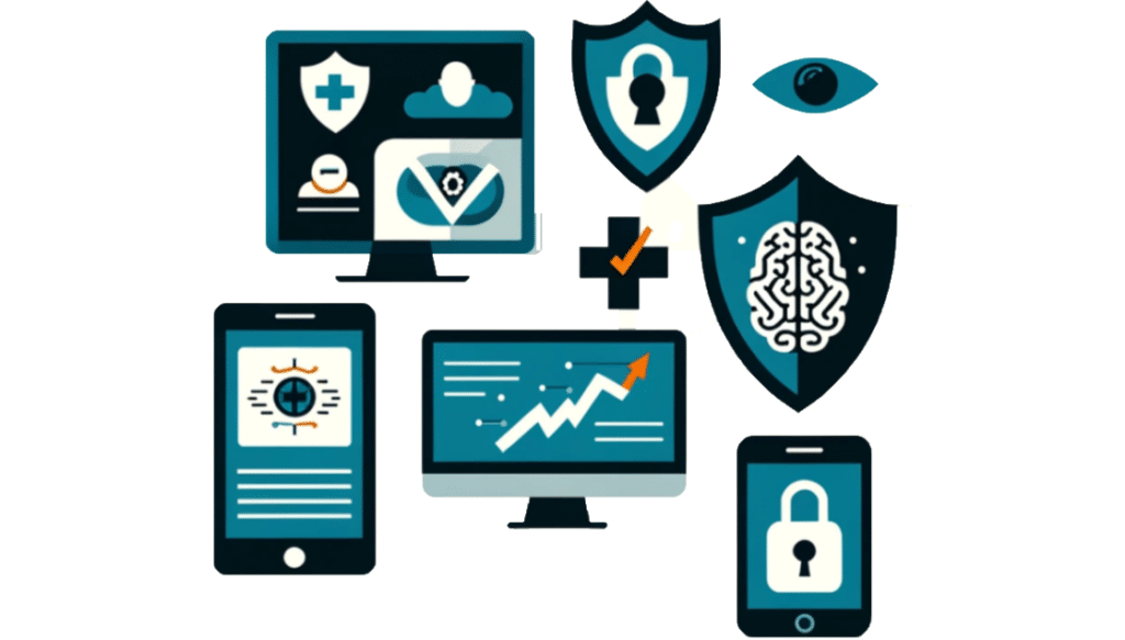 simplified, icon-based graphic. It includes a smartphone, computer screens, and symbols like a shield, brain, and lock, representing cybersecurity concepts such as protection, intelligence, and secure access