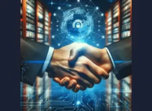Handshake over cyber security network illustrating partnership in SLA cyber security