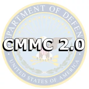 Official seal of the Department of Defense for CMMC 2.0, featuring a circular design with a bald eagle in the center surrounded by stars, with the acronym 'CMMC 2.0' prominently displayed.